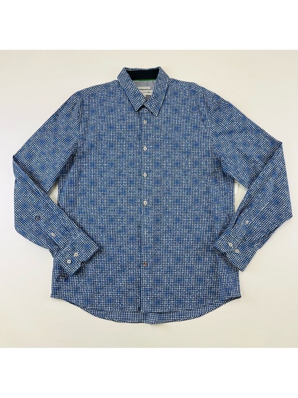 John Lennon blue jacquard check button down stretch cotton mens shirt Large